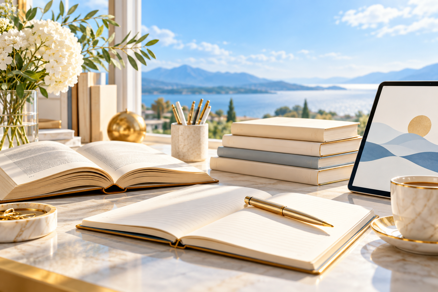 Illustrative publishing desk with books, a notebook and a tablet